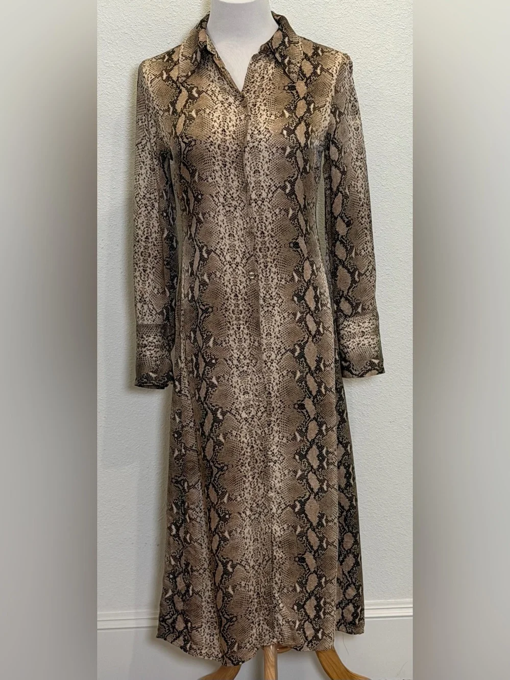 Mango MNG Snake Print Midi Shirt Dress US 4 Long Sleeve Button Front Animal